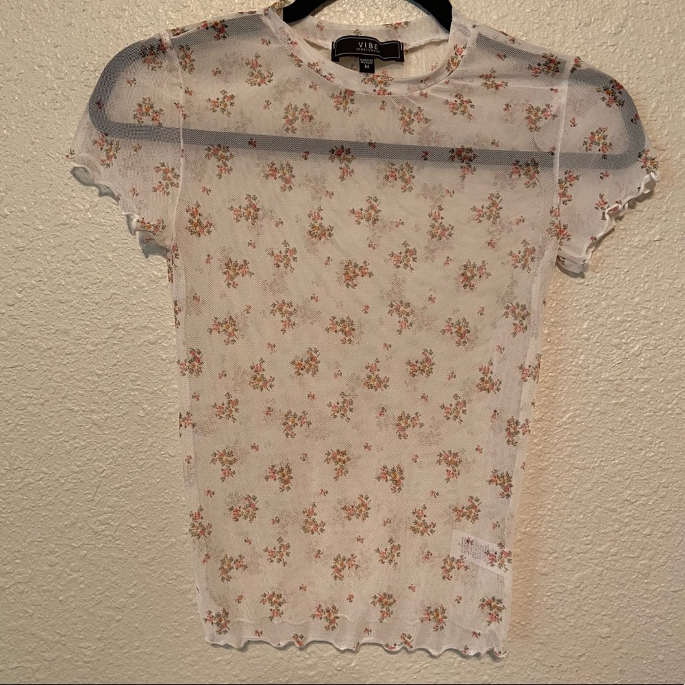 Sheer Mesh Floral Short Sleeve Shirt Pink/White